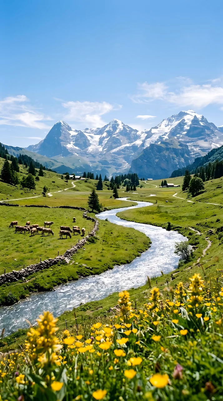 Vergent Alpine Valley with Winding River - Free Mobile AMOLED Wallpaper Background