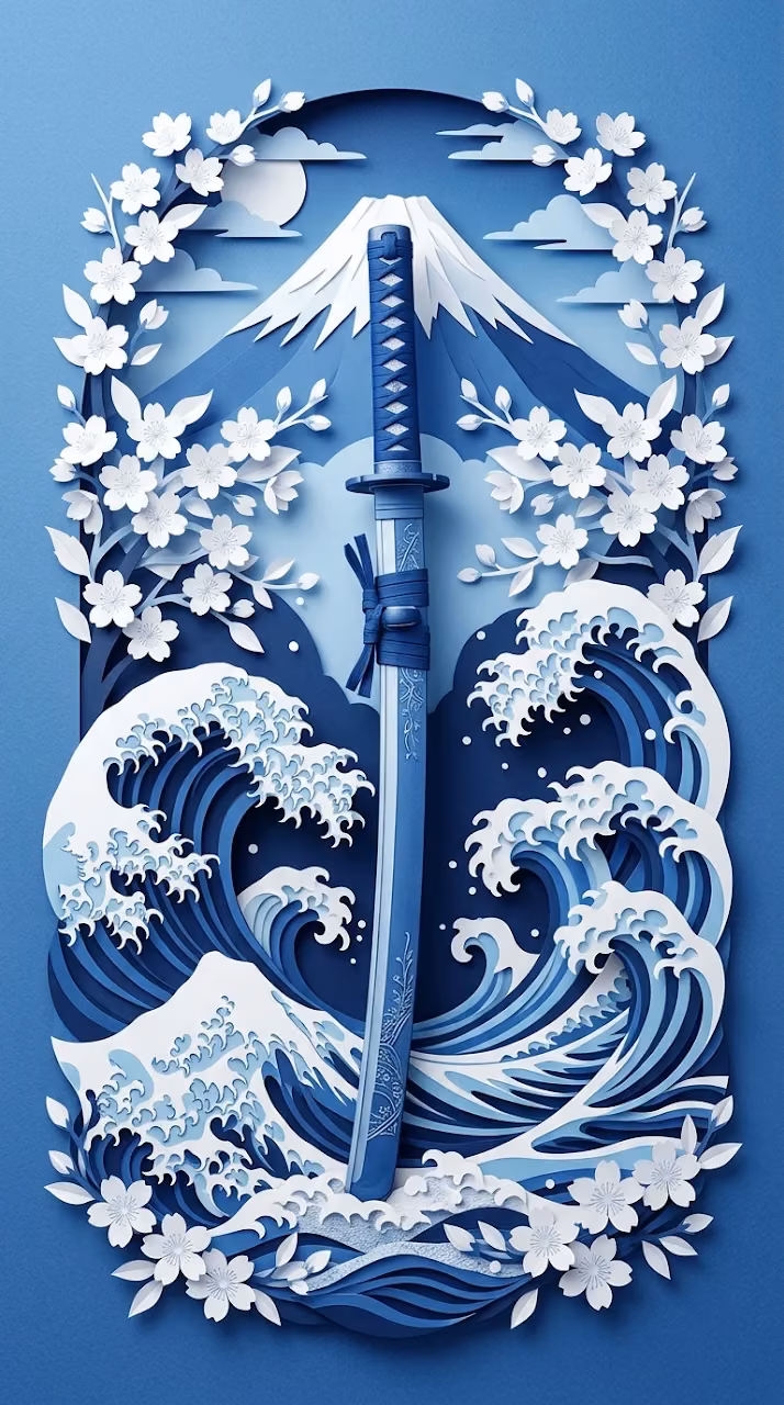 Vertical Art Featuring Katana with Mount Fuji and Great Wave Patterns - Free Mobile AMOLED Wallpaper Background