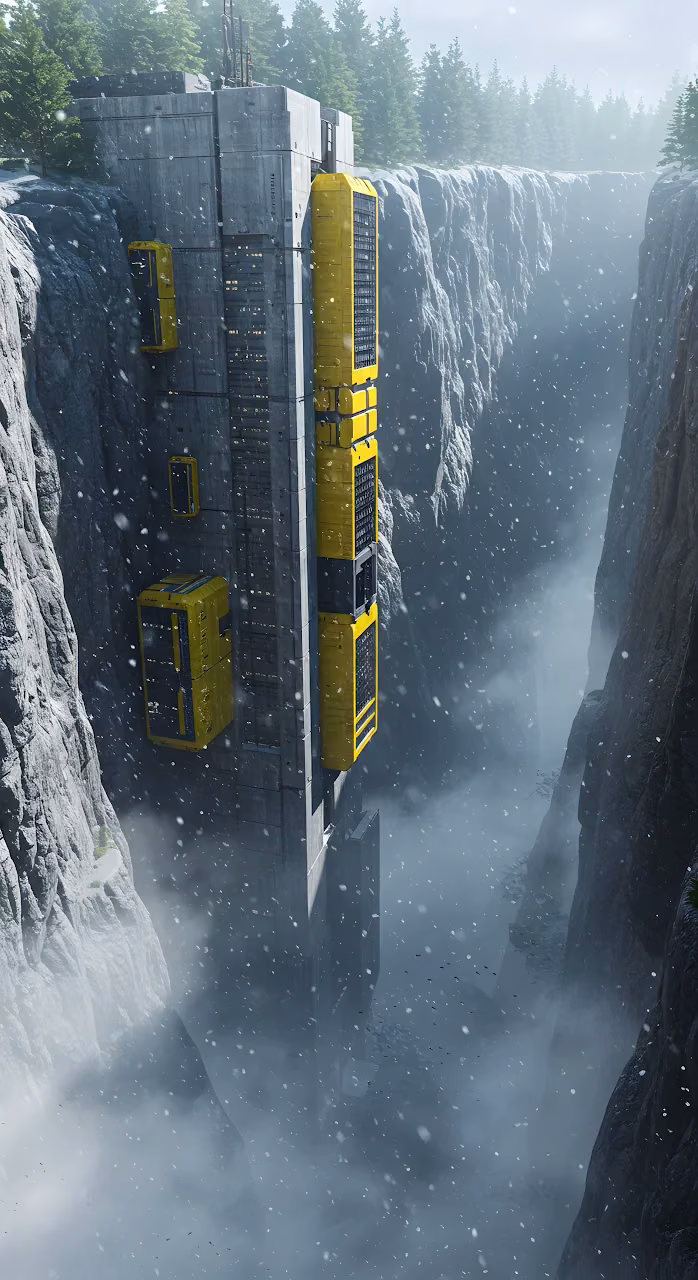 Download Vertical Cliff Elevator Facility in a Snowy Mountain Gorge Wallpaper in Mobile HD Vertical Cliff Elevator Facility in a Snowy Mountain Gorge - Free Mobile AMOLED Wallpaper Background
