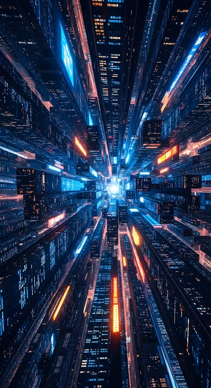 Vertical Cyberpunk Cityscape with Neon Light Trails - Free Mobile AMOLED Wallpaper Background