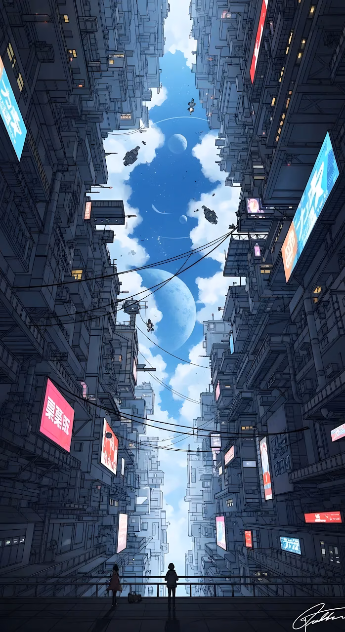 Download Vertical Cyberpunk Cityscape Looking Up at Twin Planets Wallpaper in Mobile HD Vertical Cyberpunk Cityscape Looking Up at Twin Planets - Free Mobile AMOLED Wallpaper Background