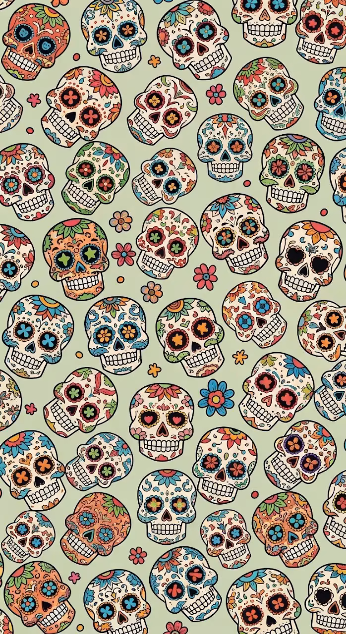 Vertical Seamless Pattern of Colorful Mexican Sugar Skulls on a Pale Background - Free Mobile AMOLED Wallpaper Background