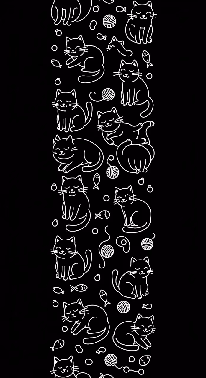 Vertical Seamless Pattern of Simple White Line Art Cats on a Black Background - Free Mobile AMOLED Wallpaper Background