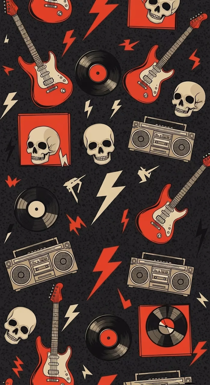 Vertical Seamless Pattern of Retro Rock Music Icons in Red, Beige, and Black - Free Mobile AMOLED Wallpaper Background