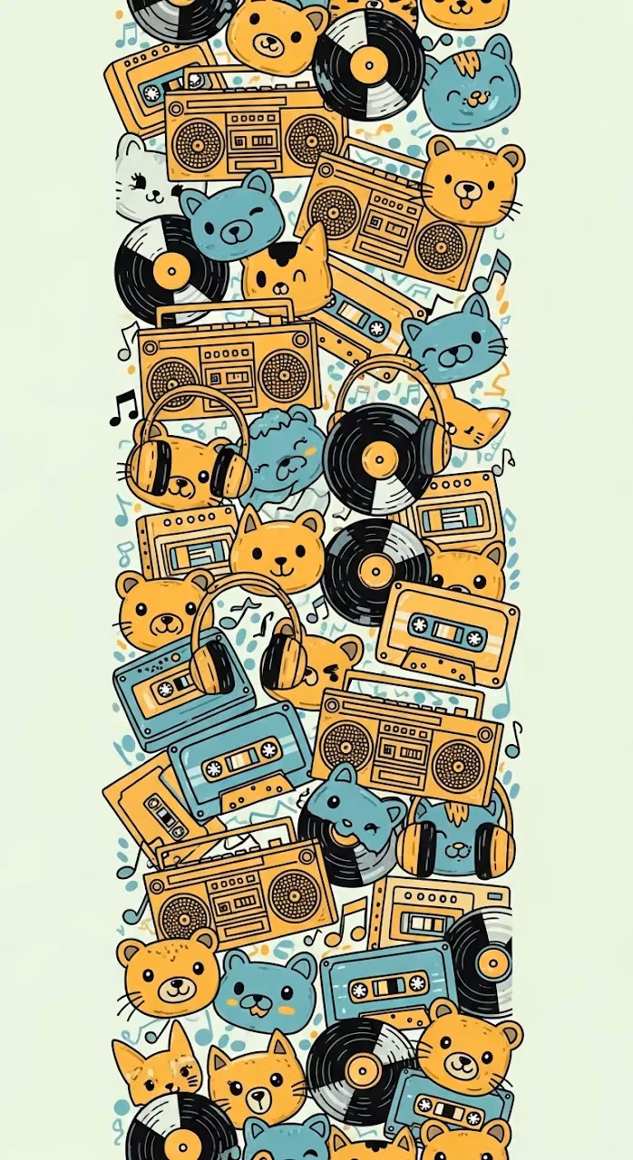 Vertical Seamless Pattern of Retro Music Icons and Cute Cartoon Animals in Yellow and Blue - Free Mobile AMOLED Wallpaper Background