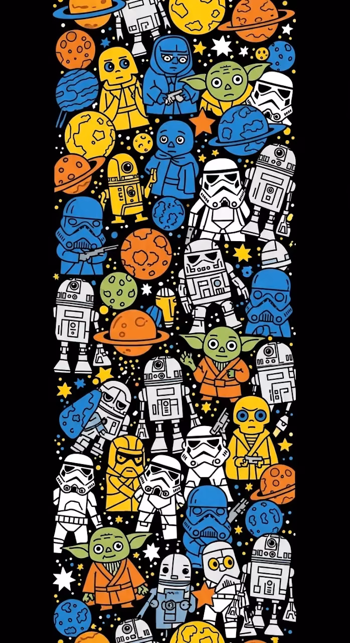 Vertical Seamless Pattern of Sci-Fi Movie Character Doodles and Planets on Black - Free Mobile AMOLED Wallpaper Background