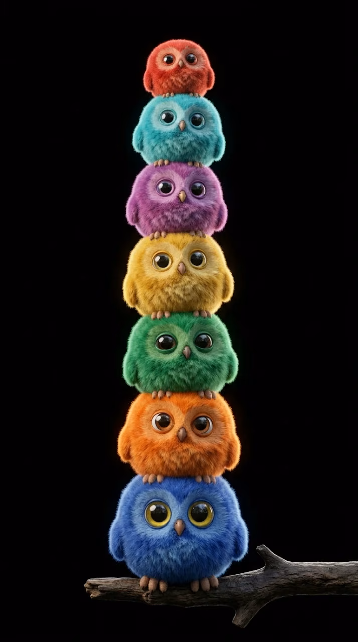 Download A Vertical Stack of Seven Colorful Fuzzy Owls on a Branch Wallpaper in Mobile HD A Vertical Stack of Seven Colorful Fuzzy Owls on a Branch - Free Mobile AMOLED Wallpaper Background