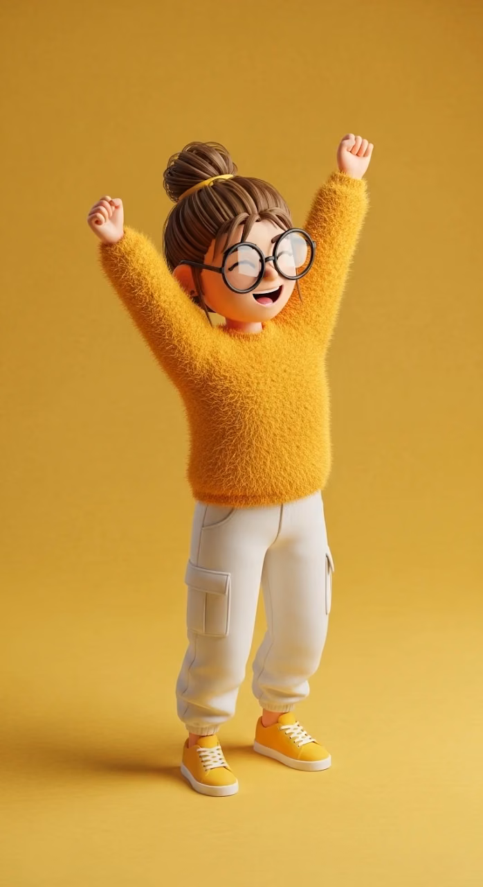 Download Vibrant 3D Character Illustration of a Happy Girl Cheering in a Yellow Sweater Wallpaper in Mobile HD Vibrant 3D Character Illustration of a Happy Girl Cheering in a Yellow Sweater - Free Mobile AMOLED Wallpaper Background