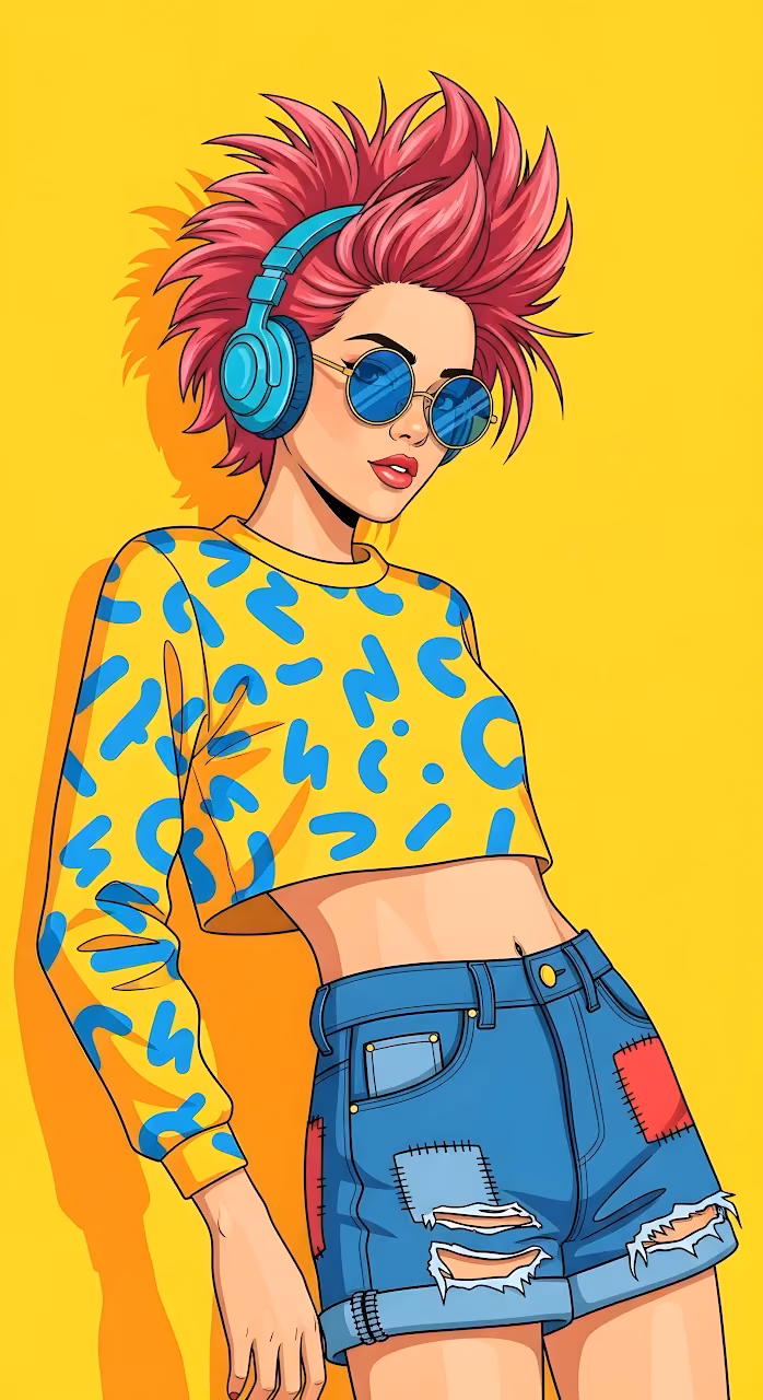 Vibrant 90s Pop Art Girl with Pink Hair and Headphones - Free Mobile AMOLED Wallpaper Background