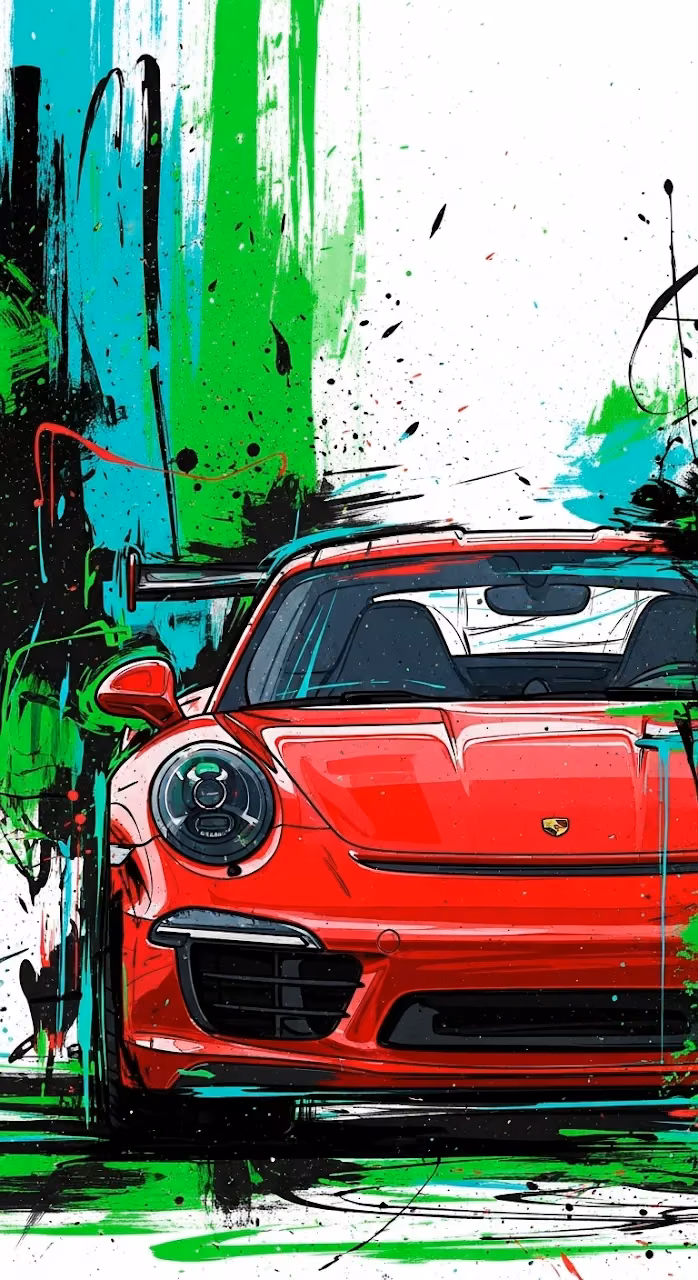 Vibrant Abstract Pop Art Painting of a Red Sports Car with Green and Black Splatters - Free Mobile AMOLED Wallpaper Background