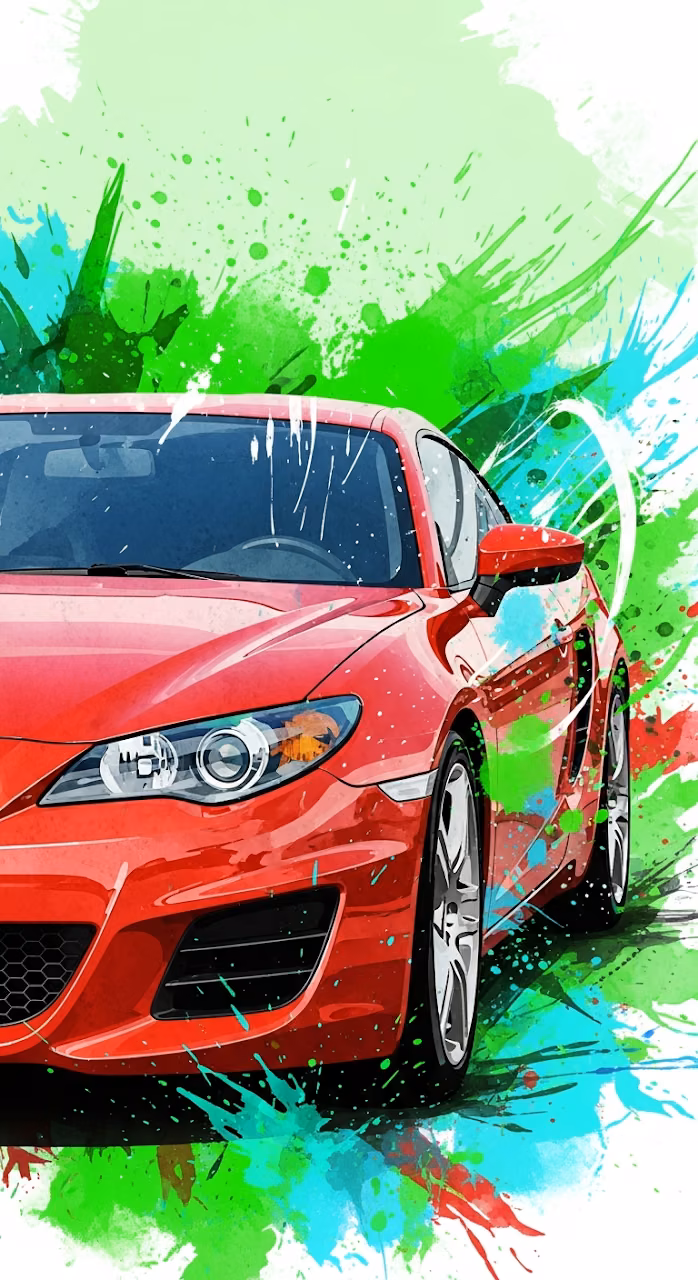 Vibrant Abstract Watercolor Splash Illustration of a Dynamic Red Sports Car - Free Mobile AMOLED Wallpaper Background