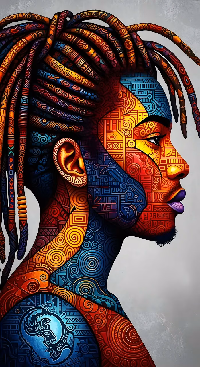 Vibrant African Profile Portrait with Textured Tribal Patterns - Free Mobile AMOLED Wallpaper Background