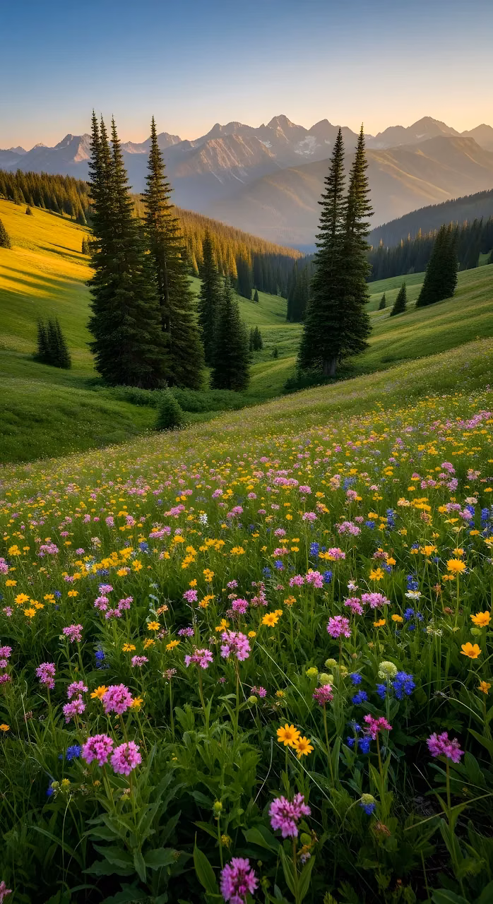 Download Vibrant Alpine Meadow Wildflowers Sunset Mountains Wallpaper in Mobile HD Vibrant Alpine Meadow Wildflowers Sunset Mountains - Free Mobile AMOLED Wallpaper Background