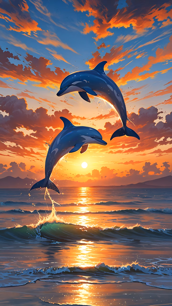 Download Vibrant Anime Dolphins Leaping Over Ocean at Sunset Wallpaper in Mobile HD Vibrant Anime Dolphins Leaping Over Ocean at Sunset - Free Mobile AMOLED Wallpaper Background