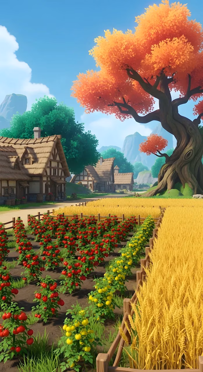 Download Vibrant Anime Farm Field with Huge Orange Tree Wallpaper in Mobile HD Vibrant Anime Farm Field with Huge Orange Tree - Free Mobile AMOLED Wallpaper Background