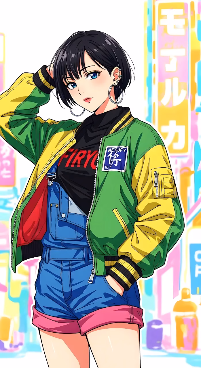 Vibrant Anime Girl Street Fashion Bomber Jacket Style - Free Mobile AMOLED Wallpaper Background