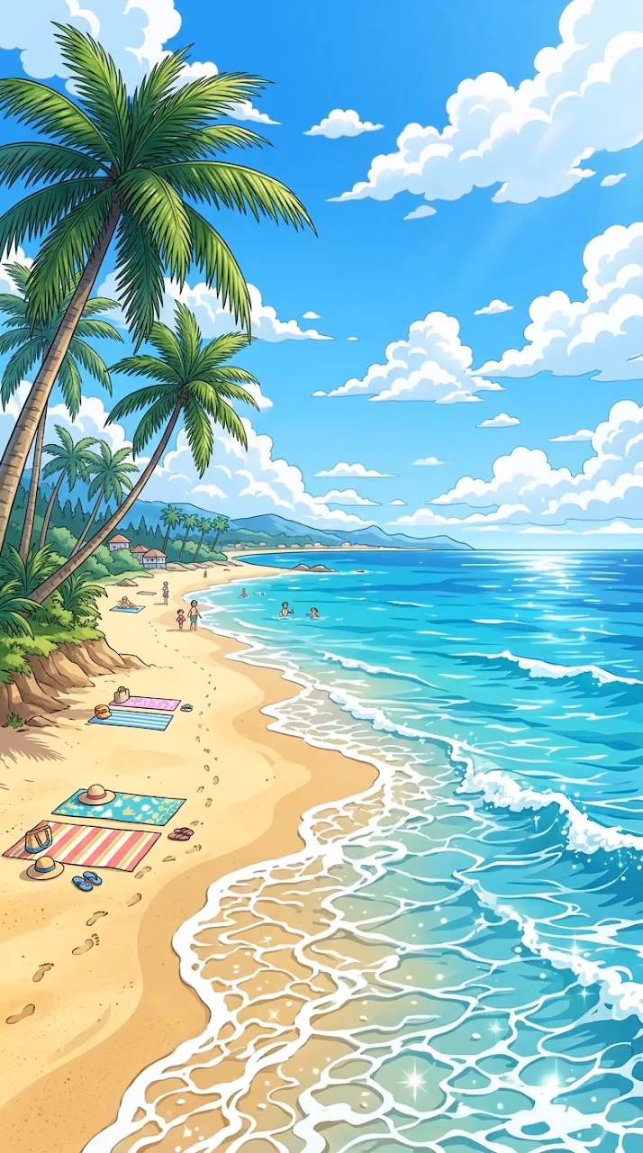 Vibrant Anime-Inspired Summer Beach Scene with Palm Trees - Free Mobile AMOLED Wallpaper Background