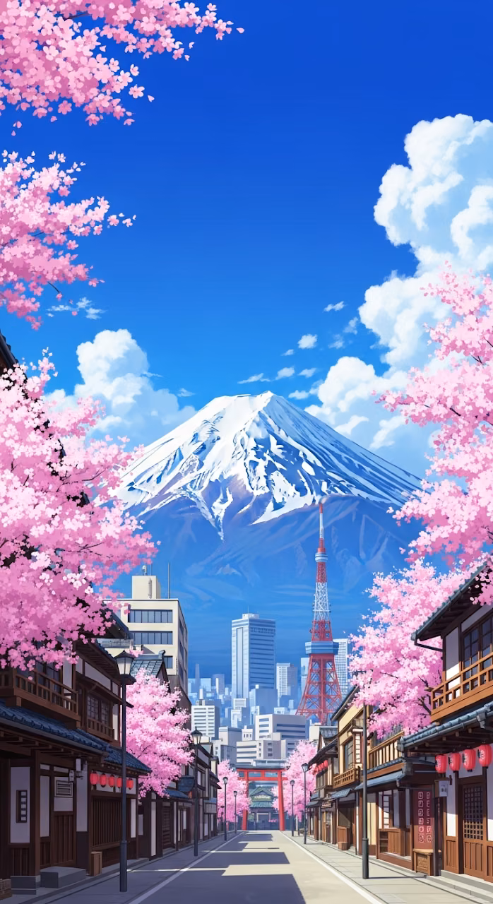 Download Vibrant Anime Street View of Cherry Blossoms, Cityscape, and Mount Fuji Wallpaper in Mobile HD Vibrant Anime Street View of Cherry Blossoms, Cityscape, and Mount Fuji - Free Mobile AMOLED Wallpaper Background