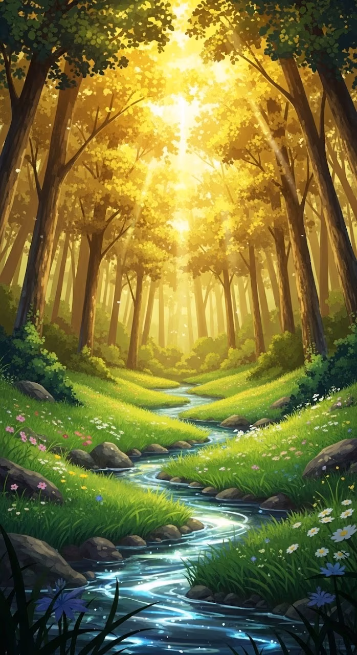 Vibrant Anime Style Forest Glade at Sunset - Free Mobile AMOLED Wallpaper Background