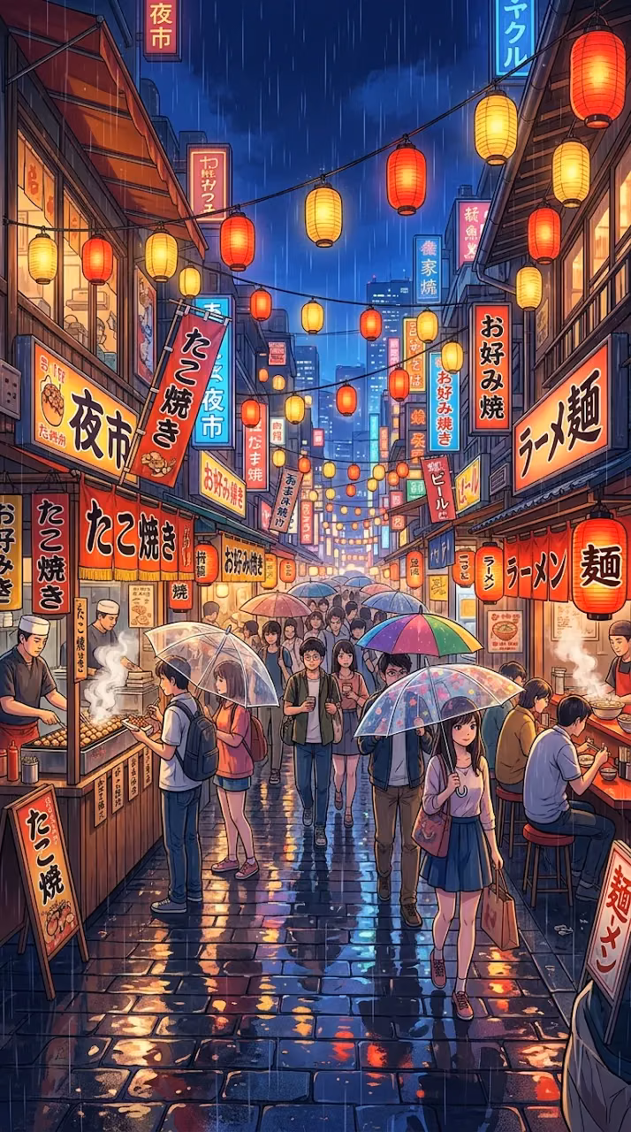 Download Vibrant Anime Style Night Market with Lanterns and Rain Wallpaper in Mobile HD Vibrant Anime Style Night Market with Lanterns and Rain - Free Mobile AMOLED Wallpaper Background