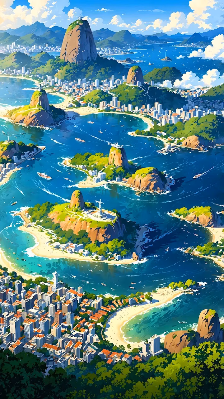 Vibrant Anime Style Rio de Janeiro Coastal Panorama - Free Mobile AMOLED Wallpaper Background