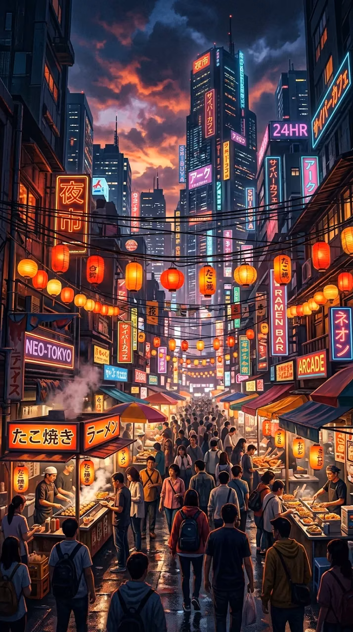 Vibrant Asian Metropolis Night Market Illustration - Free Mobile AMOLED Wallpaper Background