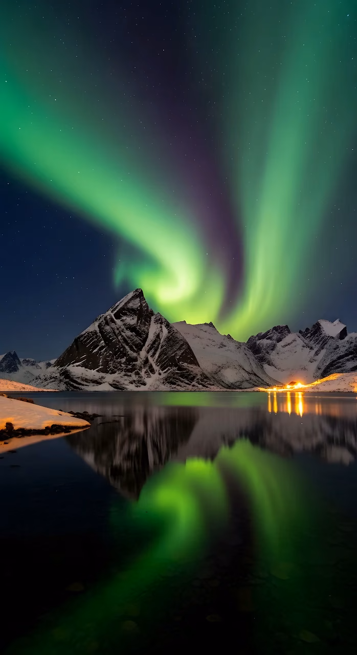 Vibrant Aurora Borealis Reflected Over Snowy Fjord Night - Free Mobile AMOLED Wallpaper Background