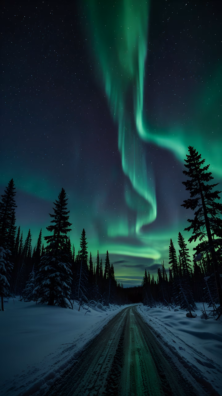 Download Vibrant Aurora Borealis Over Snowy Forest Road at Night Wallpaper in Mobile HD Vibrant Aurora Borealis Over Snowy Forest Road at Night - Free Mobile AMOLED Wallpaper Background
