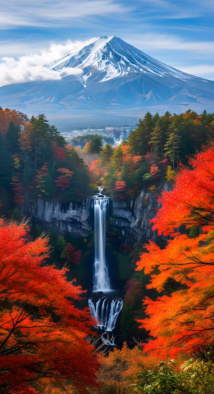 Vibrant Autumn Foliage Waterfall Mount Fuji Landscape - Free Mobile AMOLED Wallpaper Background