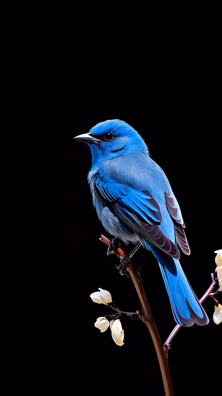 Download Vibrant Blue Bird Perched on Branch with White Buds Wallpaper in Mobile HD Vibrant Blue Bird Perched on Branch with White Buds - Free Mobile AMOLED Wallpaper Background
