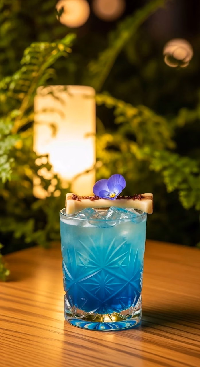 Vibrant Blue Cocktail Garnished with Pansy Flower and Ice - Free Mobile AMOLED Wallpaper Background