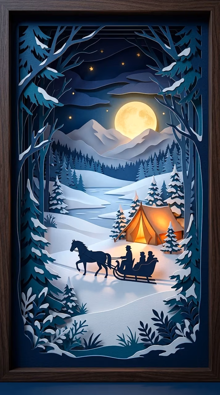 Vibrant Blue Papercut Sleigh Ride Winter Forest Background - Free Mobile AMOLED Wallpaper Background