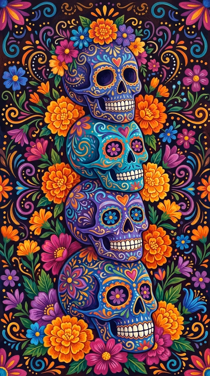 Download Vibrant Blue and Purple Sugar Skulls with Traditional Floral Decorations Wallpaper in Mobile HD Vibrant Blue and Purple Sugar Skulls with Traditional Floral Decorations - Free Mobile AMOLED Wallpaper Background