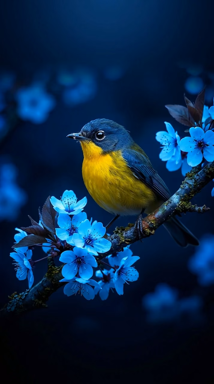 Vibrant Blue and Yellow Bird Perched on Neon Blue Blossoms - Free Mobile AMOLED Wallpaper Background