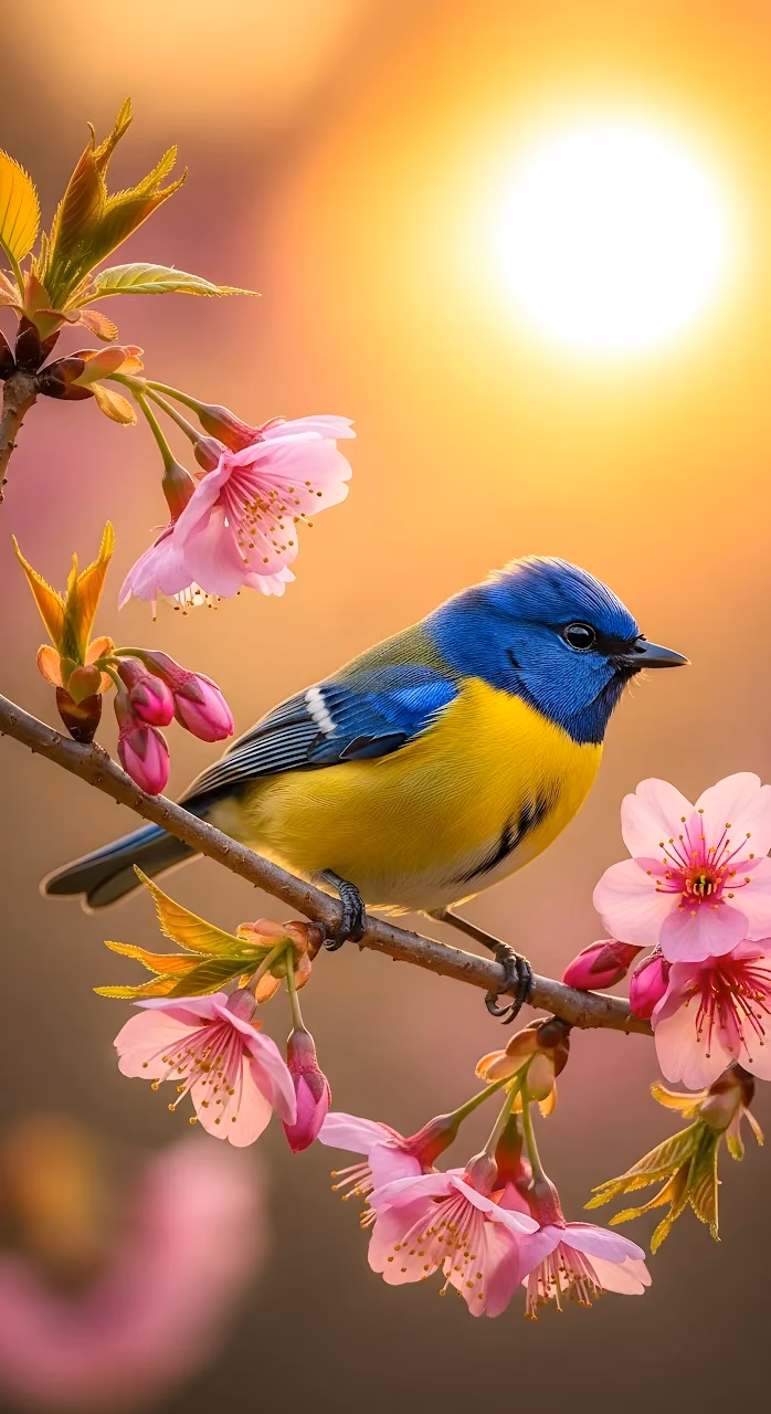Vibrant Blue and Yellow Bird on Pink Cherry Blossom Branch - Free Mobile AMOLED Wallpaper Background