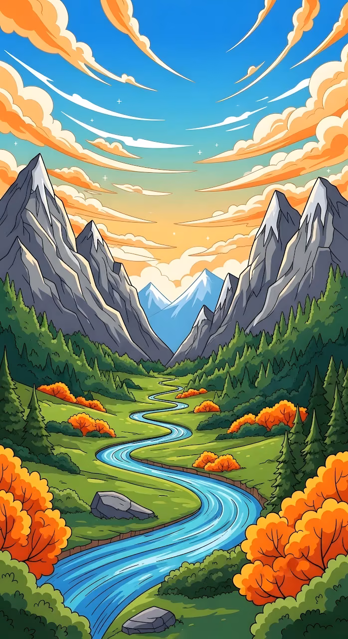 Download Vibrant Cartoon Mountain Valley River Landscape Illustration Wallpaper in Mobile HD Vibrant Cartoon Mountain Valley River Landscape Illustration - Free Mobile AMOLED Wallpaper Background
