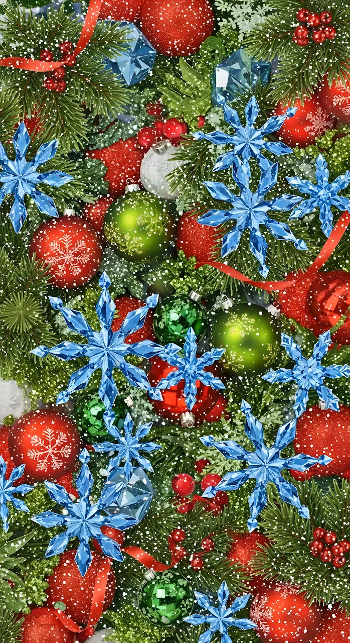 Vibrant Christmas Ornaments and Blue Crystal Snowflakes Pattern - Free Mobile AMOLED Wallpaper Background
