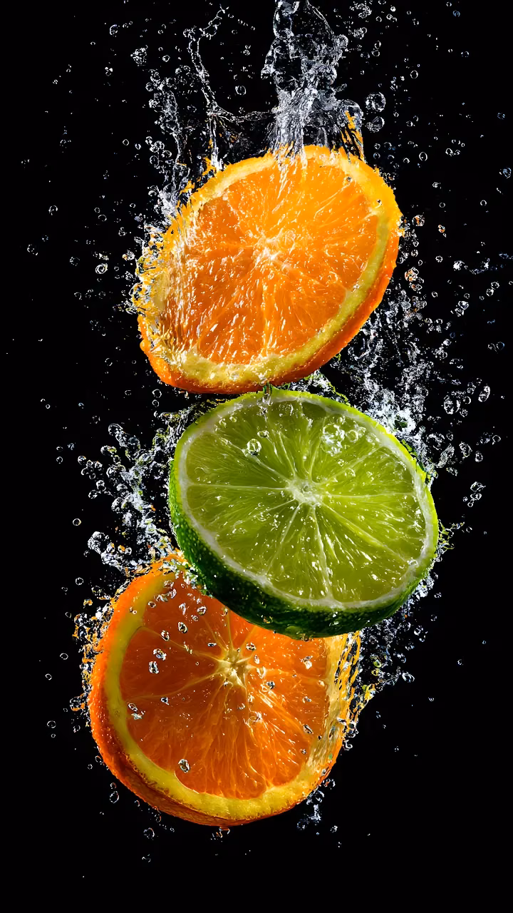 Vibrant Citrus Slices Splashing Water Black Background - Free Mobile AMOLED Wallpaper Background