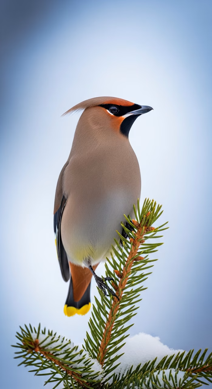 Download Vibrant Close-up Portrait of a Bohemian Waxwing Bird Perched on a Snow-Covered Evergreen Branch Wallpaper in Mobile HD Vibrant Close-up Portrait of a Bohemian Waxwing Bird Perched on a Snow-Covered Evergreen Branch - Free Mobile AMOLED Wallpaper Background