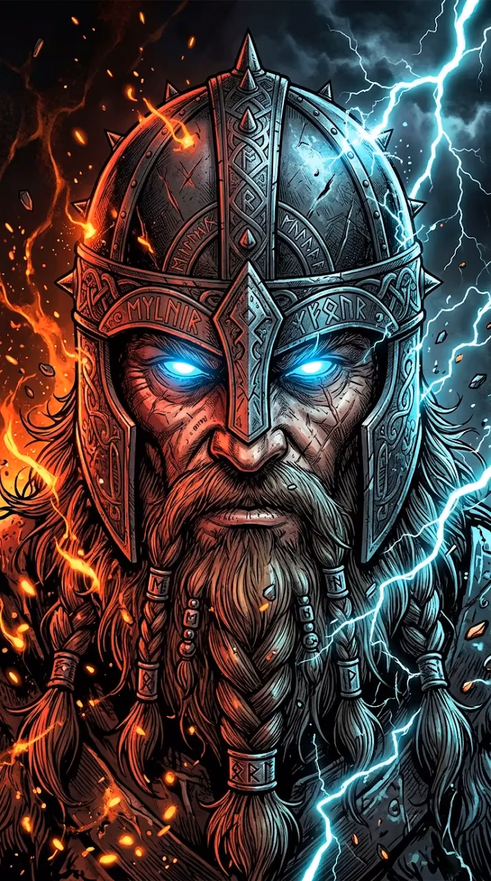 Vibrant Comic Art Portrait of Bearded God with Glowing Blue Eyes - Free Mobile AMOLED Wallpaper Background