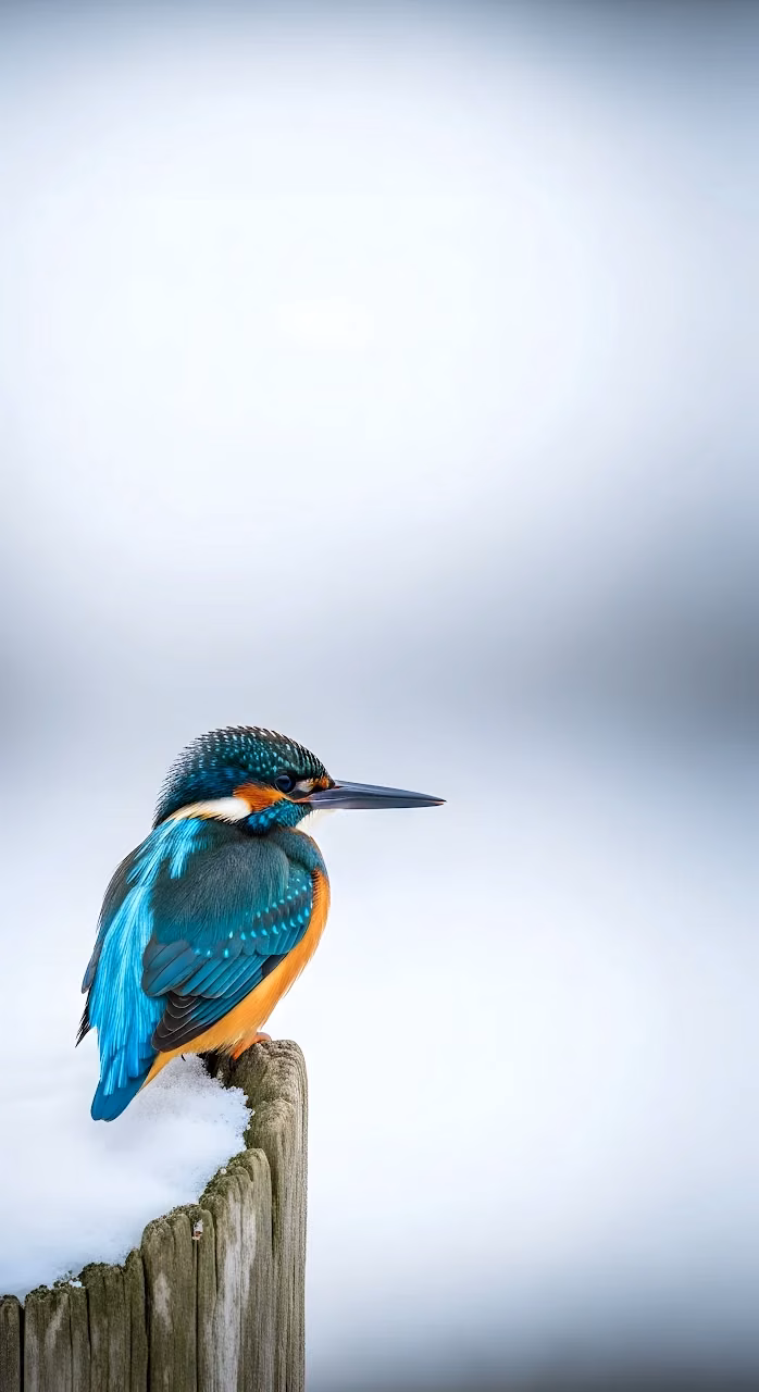 Download Vibrant Common Kingfisher Perched on Snowy Post Wallpaper in Mobile HD Vibrant Common Kingfisher Perched on Snowy Post - Free Mobile AMOLED Wallpaper Background