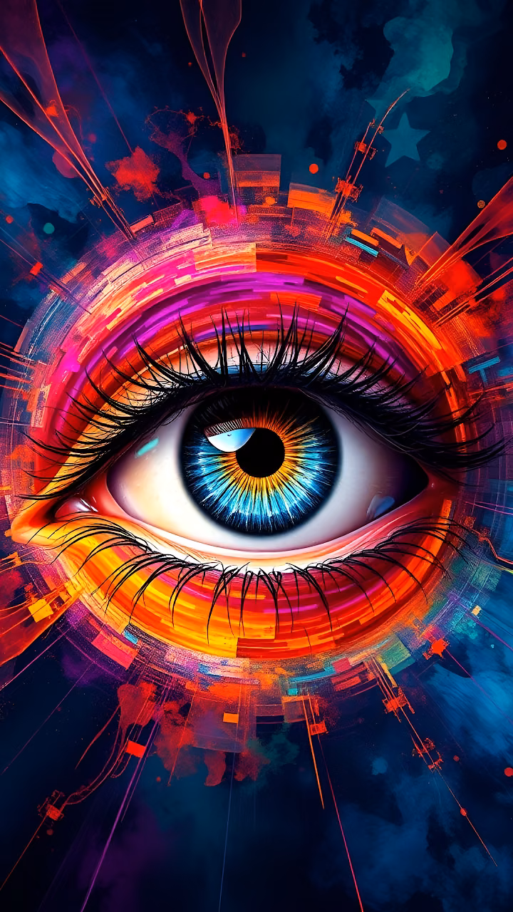 Vibrant cosmic eye with neon rings and digital cityscape - Free Mobile AMOLED Wallpaper Background
