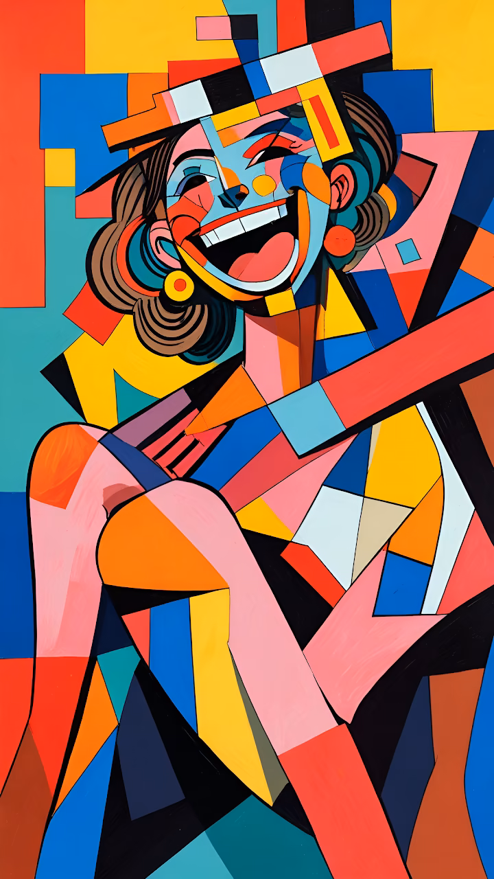 Vibrant Cubist Geometric Portrait of Laughing Woman - Free Mobile AMOLED Wallpaper Background