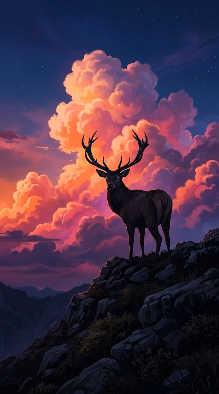 Vibrant Digital Illustration of a Stag Under a Colorful Cloudscape - Free Mobile AMOLED Wallpaper Background
