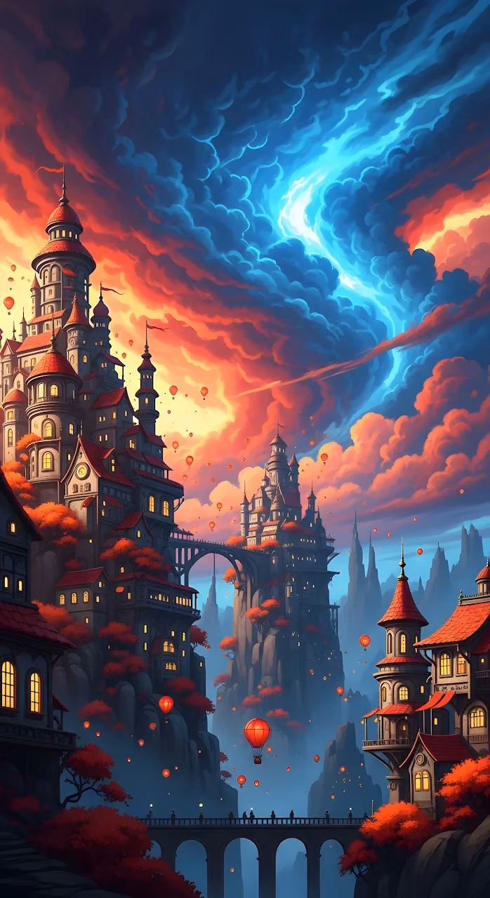Download Vibrant Fantasy Citadel Cityscape Under Cosmic Sunset Sky Art Wallpaper in Mobile HD Vibrant Fantasy Citadel Cityscape Under Cosmic Sunset Sky Art - Free Mobile AMOLED Wallpaper Background