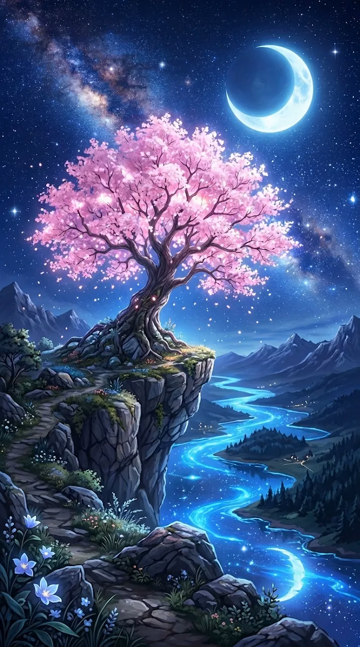 Vibrant Fantasy Landscape with Pink Tree and Glowing Blue Moon - Free Mobile AMOLED Wallpaper Background