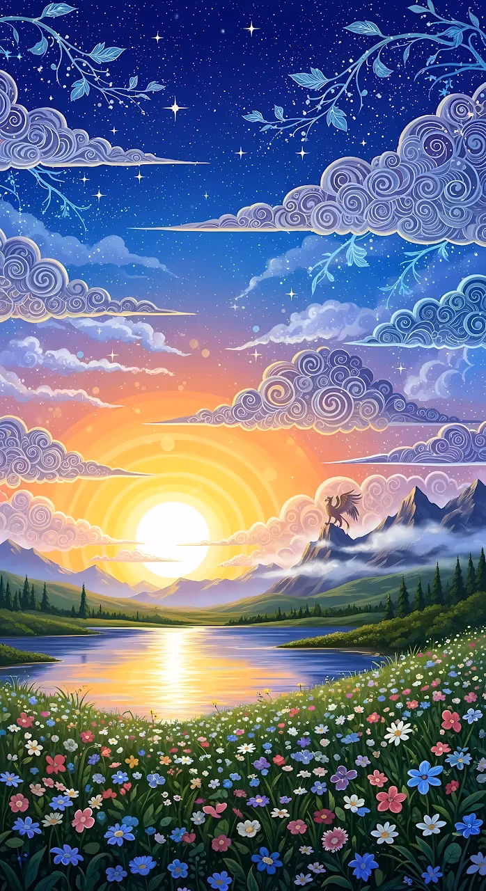 Vibrant Fantasy Sunset Over Wildflower Meadow and Lake - Free Mobile AMOLED Wallpaper Background