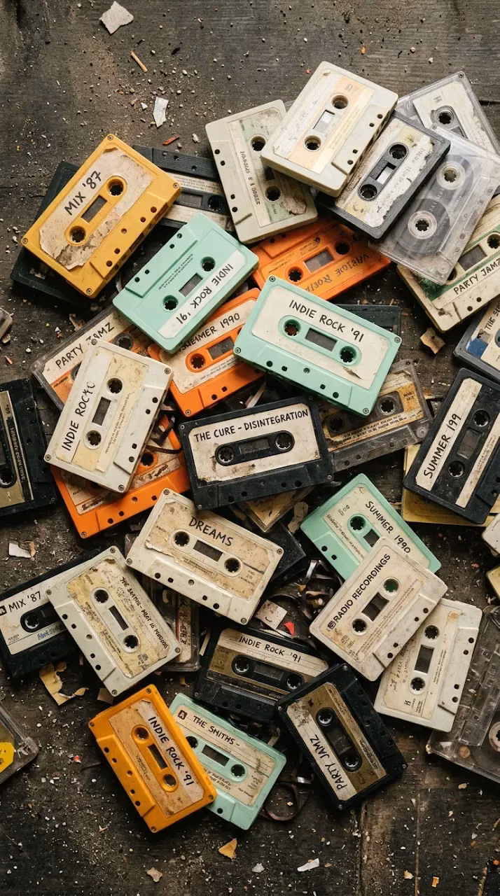 Download Vibrant Flat Lay Pattern of Retro Cassette Tapes Wallpaper in Mobile HD Vibrant Flat Lay Pattern of Retro Cassette Tapes - Free Mobile AMOLED Wallpaper Background