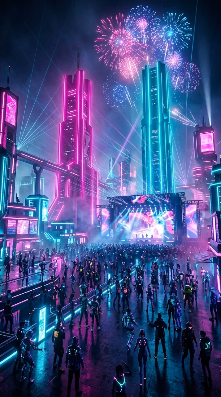 Vibrant Futuristic Festival with Neon Structures and Laser Displays - Free Mobile AMOLED Wallpaper Background