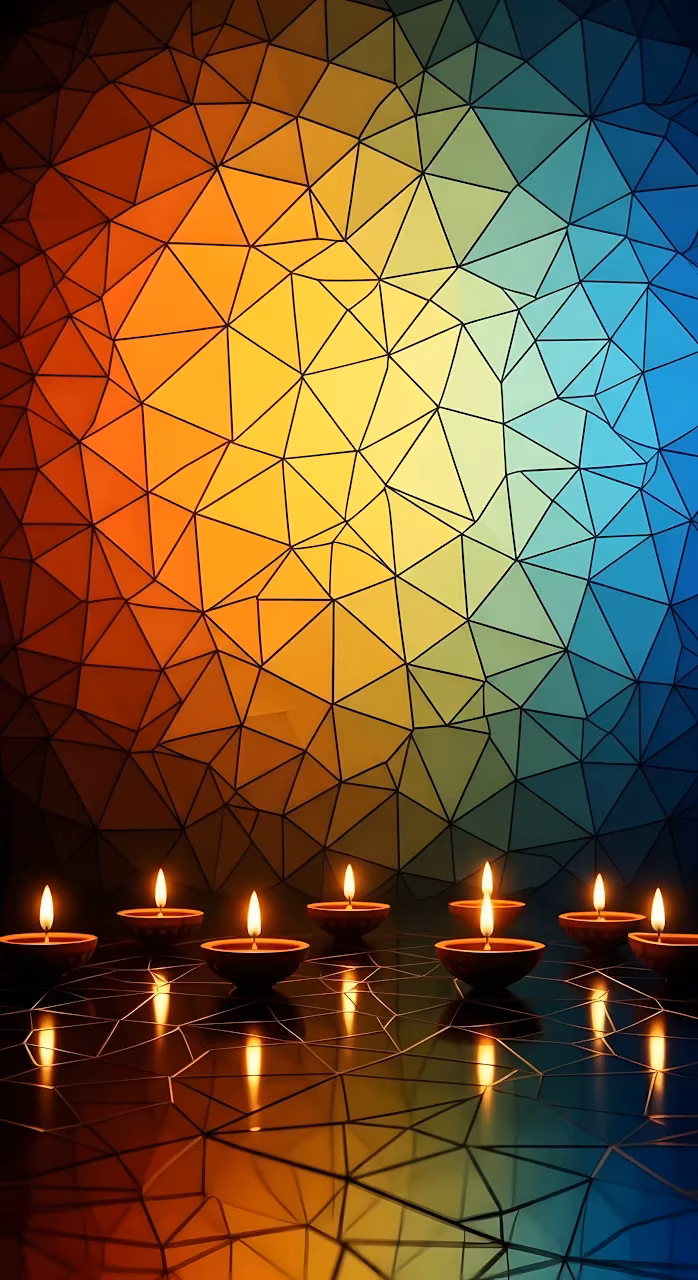 Vibrant Geometric Diya Lamps Mosaic Stained Glass Art - Free Mobile AMOLED Wallpaper Background